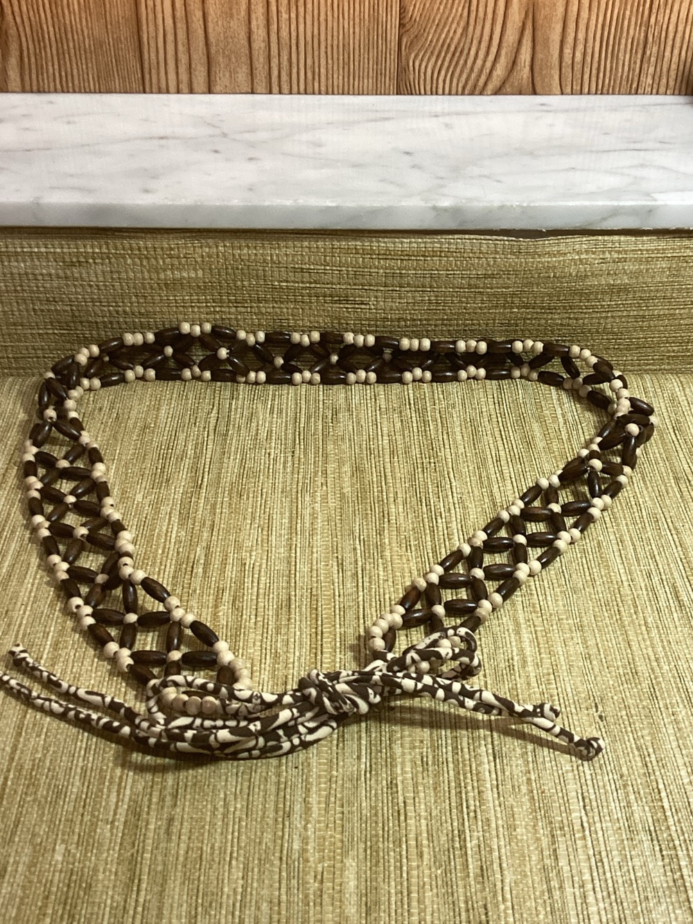 Braided Wood Bead Tie Belt - Brown & Cream